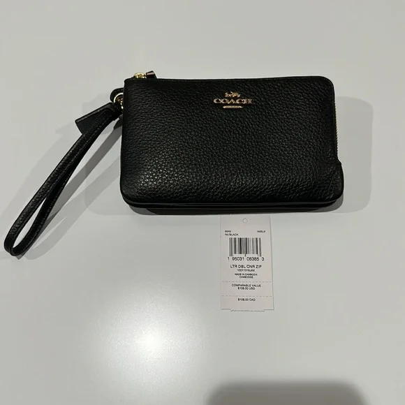 🌸NEW COACH Double Corner Zip Wristlet Black/Gold With Tags. - Picture 9 of 14